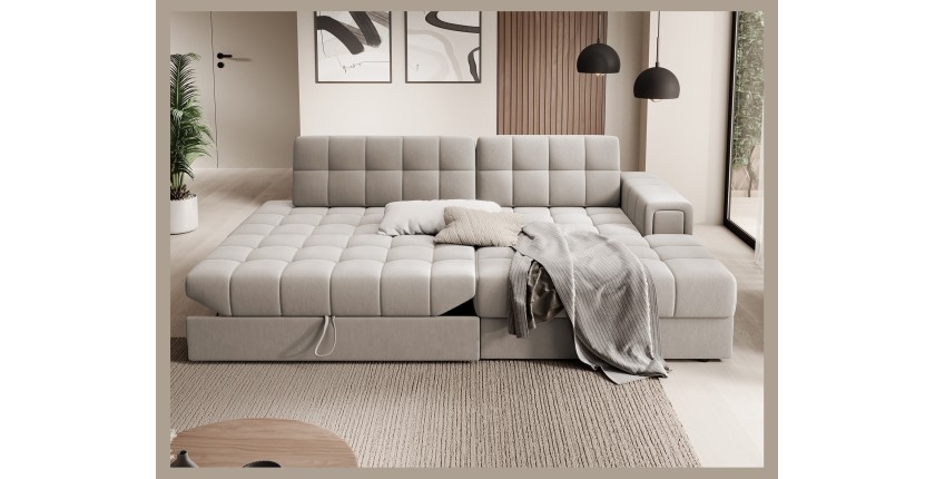 Canapé d’angle convertible CUBITO beige 240 cm avec coffre et couchage