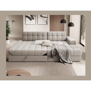 Canapé d’angle convertible CUBITO beige 240 cm avec coffre et couchage