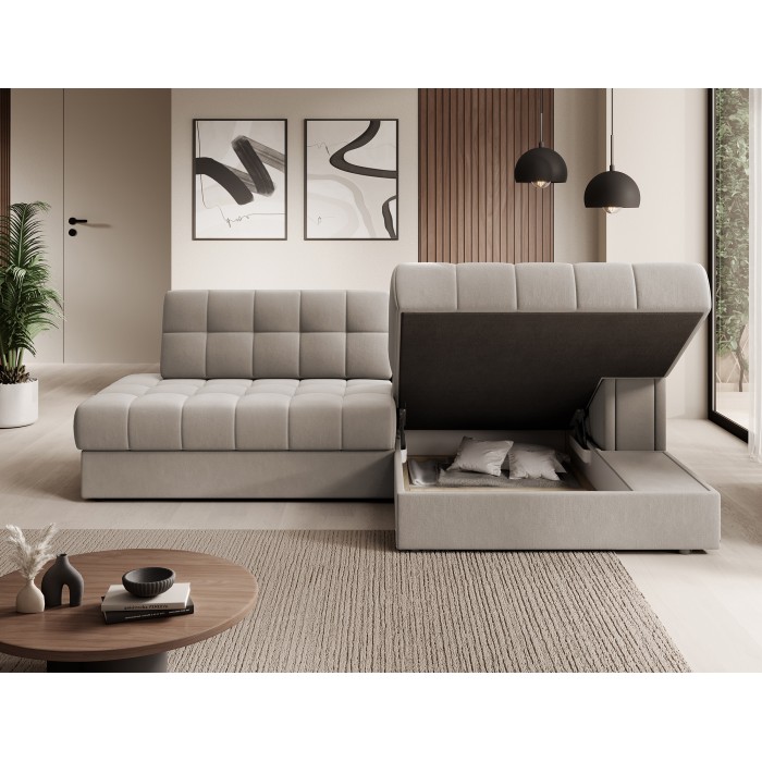 Sofá esquinero convertible CUBITO beige 240 cm con almacenamiento y cama