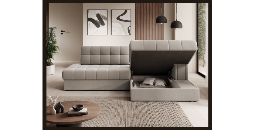 Canapé d’angle convertible CUBITO beige 240 cm avec coffre et couchage