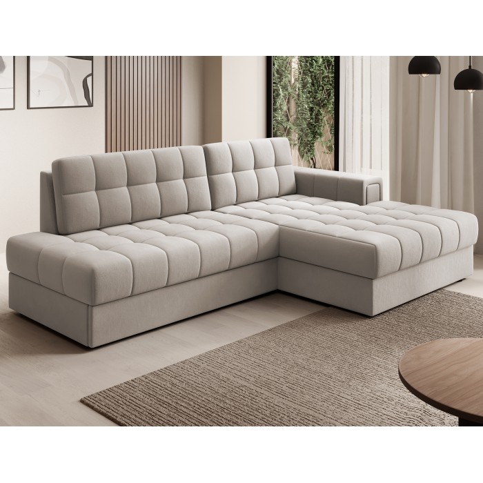 Sofá esquinero convertible CUBITO beige 240 cm con almacenamiento y cama