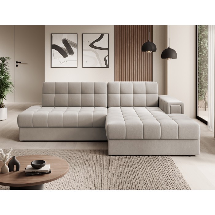 Sofá esquinero convertible CUBITO beige 240 cm con almacenamiento y cama