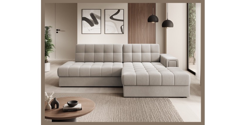 Canapé d’angle convertible CUBITO beige 240 cm avec coffre et couchage