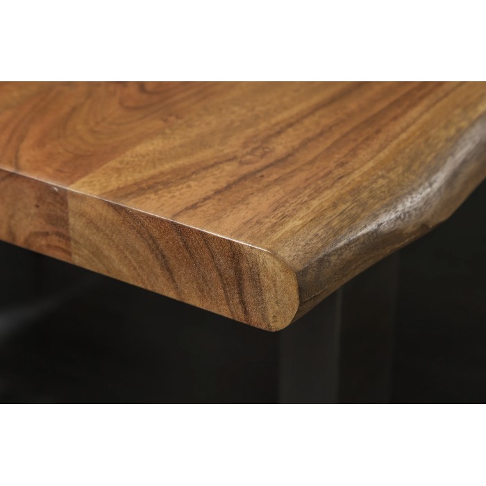 Zoom sur l'arrondi du bord de la table ARKAYA 180cm en bois d'acacia avec pieds en U chromés