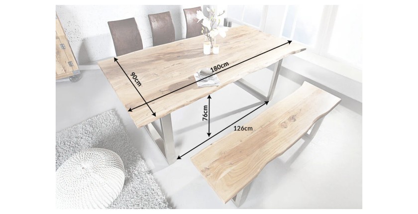 Table ARKAYA 180cm en bois d'acacia avec pieds en U chromés dimensions