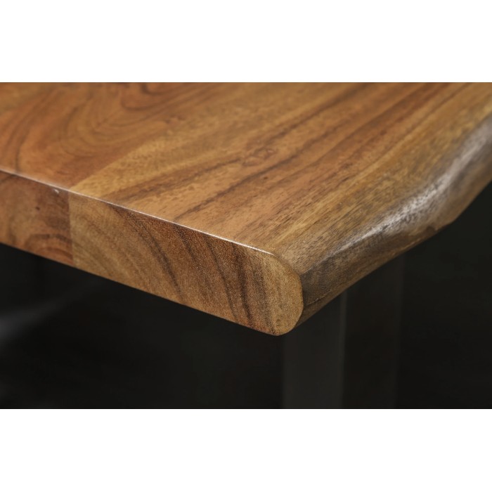 Zoom sur le coin de la table ARKAYA en bois d'acacia avec pieds en U et plateau épais de 35mm