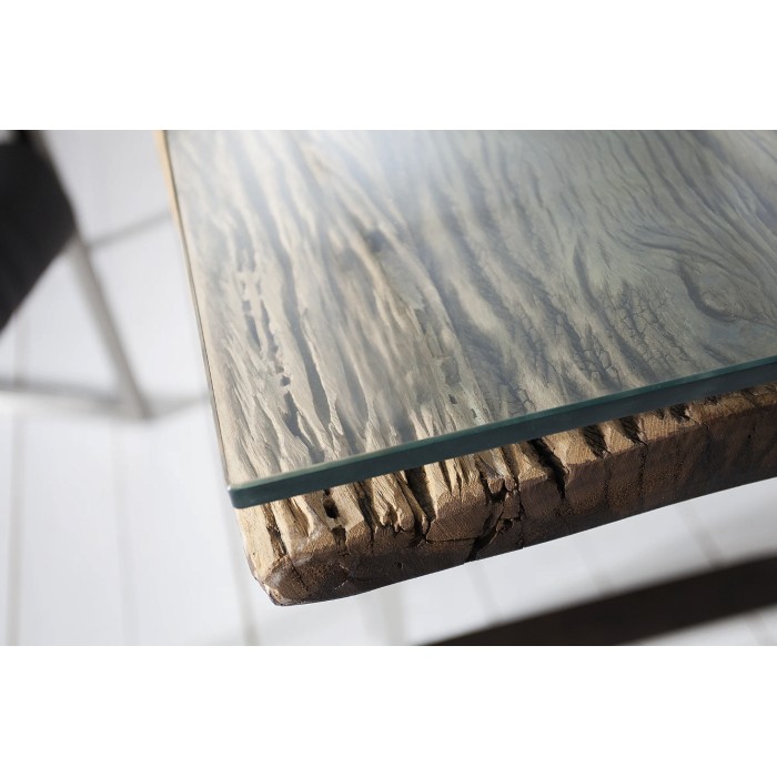 Zoom sur le coin de la table RAFTA 203cm avec surplateau en verre