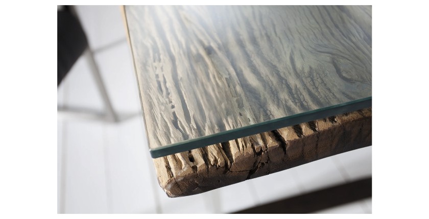 Zoom sur le coin de la table RAFTA 203cm avec surplateau en verre