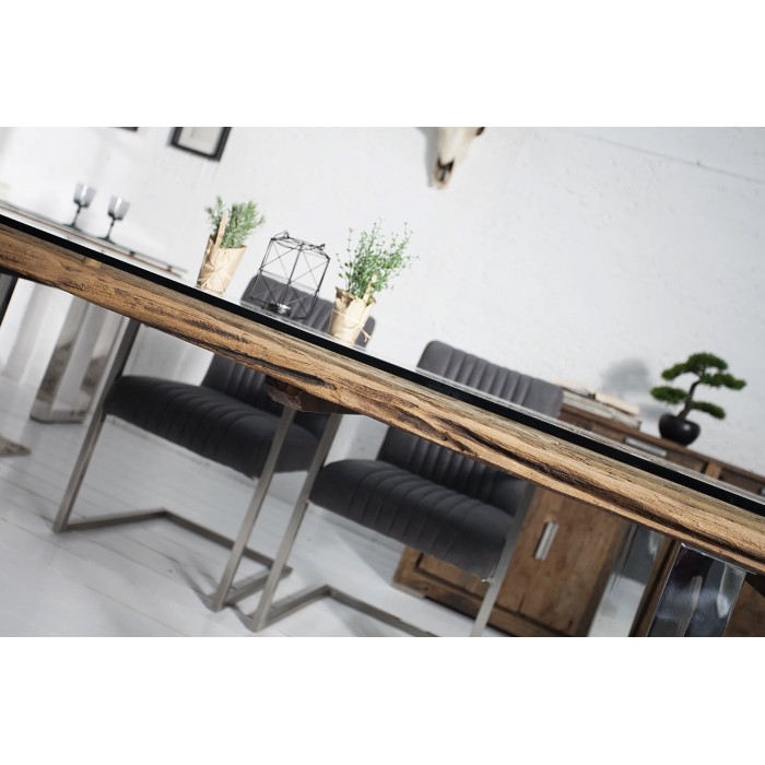 Zoom sur la tranche de la table RAFTA 203cm avec surplateau en verre