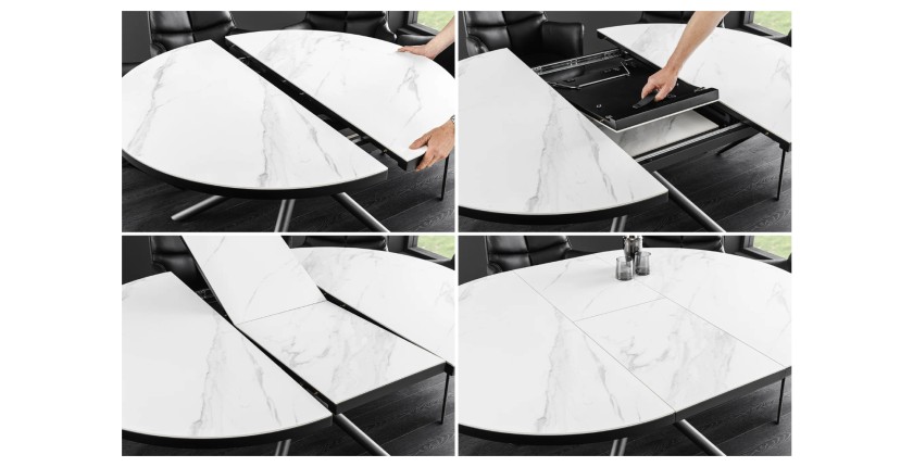 Zoom sur le système d'extension de la table ronde OPHIRA extensible 120-160cm blanche