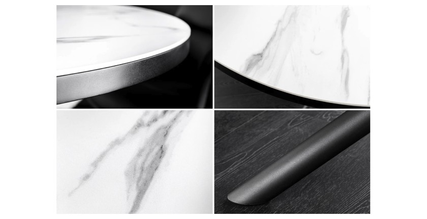 Zoom sur les détails de la table ronde OPHIRA extensible 120-160cm blanche