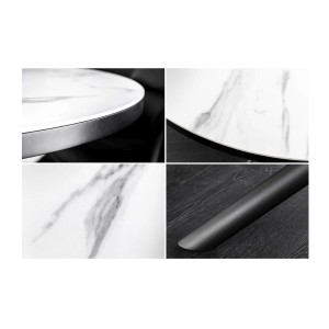 Zoom sur les détails de la table ronde OPHIRA extensible 120-160cm blanche