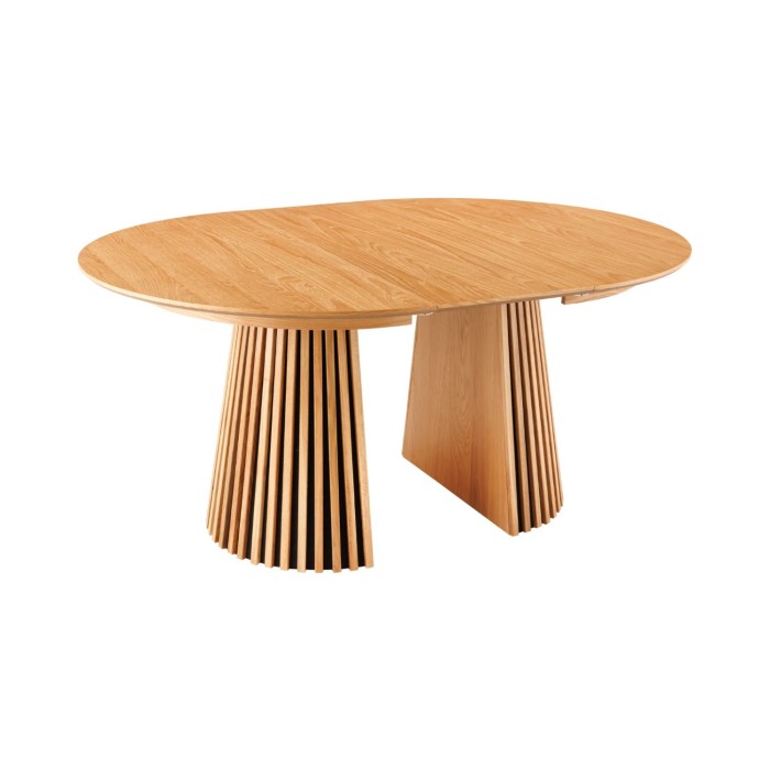 Table extensible 120-160-200cm aspect chêne clair vue avec une extension sur fond blanc