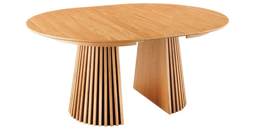 Table extensible 120-160-200cm aspect chêne clair vue avec une extension sur fond blanc