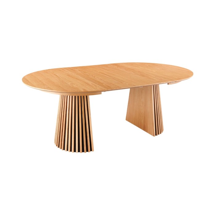 Table extensible 120-160-200cm aspect chêne clair vue avec deux extensions sur fond blanc