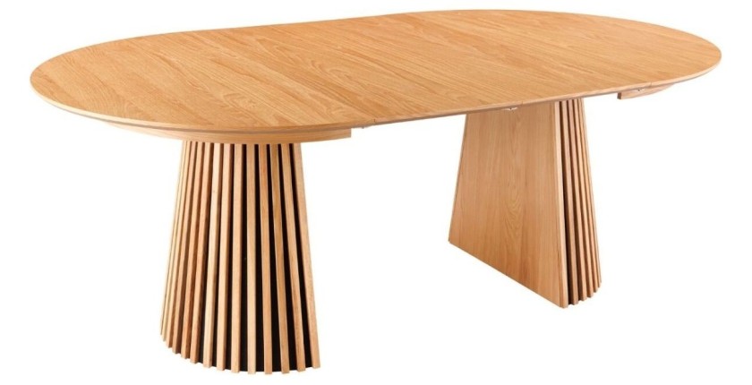 Table extensible 120-160-200cm aspect chêne clair vue avec deux extensions sur fond blanc