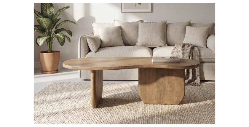 Table basse NERA en bois de manguier foncé sur fond blanc en situation