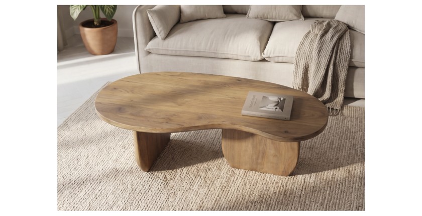 Table basse NERA en bois de manguier foncé vue de face et de haut