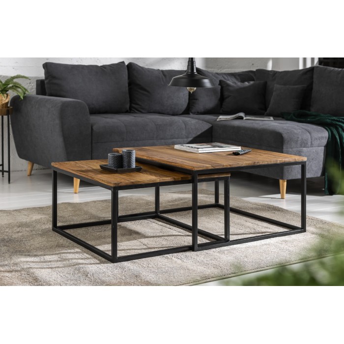 Nesttafel VORTEX van massief Sheesham hout en zwart metaal