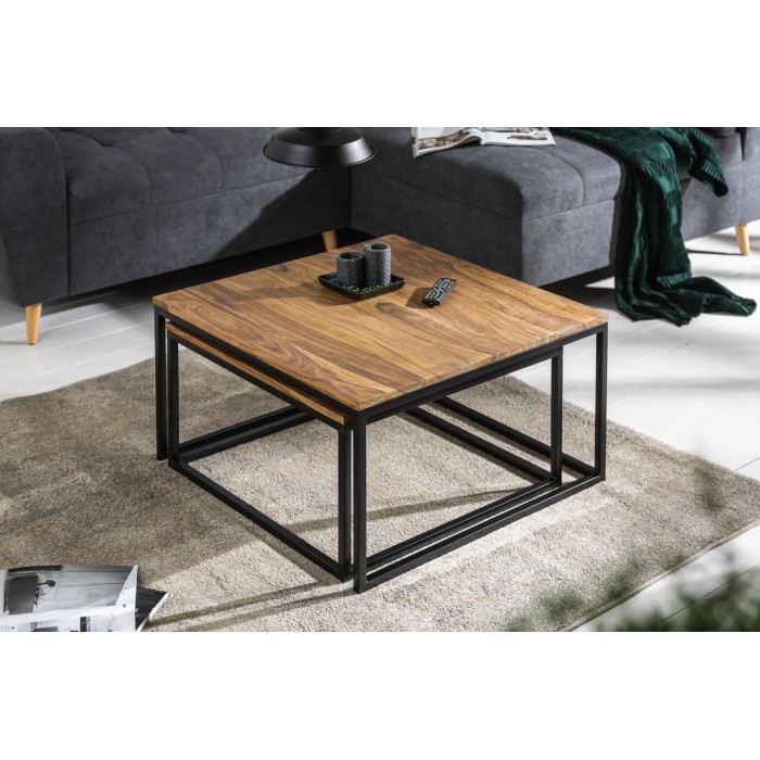 Nesttafel VORTEX van massief Sheesham hout en zwart metaal