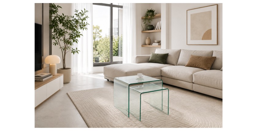 Lot de 2 tables basses HOLOW transparente mises en situation