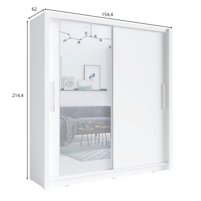 Kledingkast met 2 schuifdeuren en spiegel - 155 cm - wit - collectie OZZULA