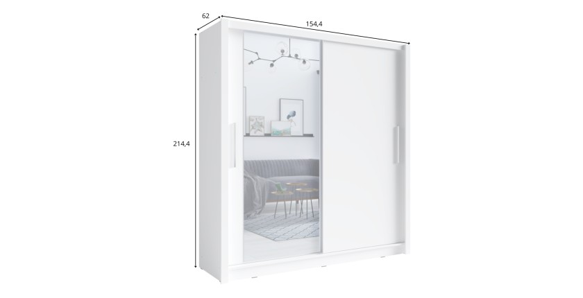 Kledingkast met 2 schuifdeuren en spiegel - 155 cm - wit - collectie OZZULA