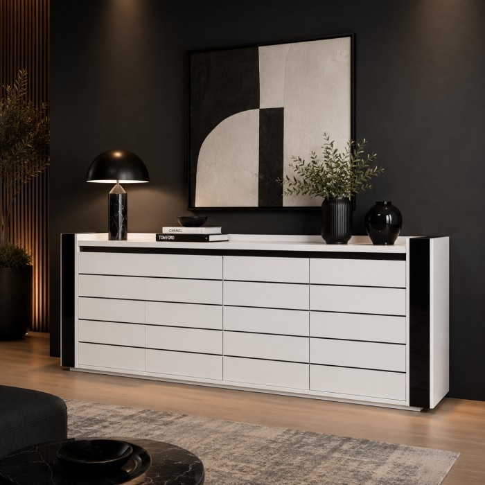Buffet LINA blanc et noir avec LED – 220 x 87 x 50 cm