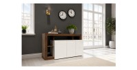 Buffet 3 portes BURA blanc laqué et bois foncé mis en situation