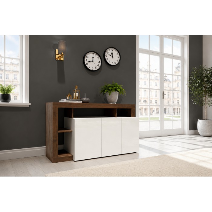Buffet BURA 3 Türen 146 cm – Hochglanz Weiß und dunkles Holzdekor – Zeitgenössisches Design