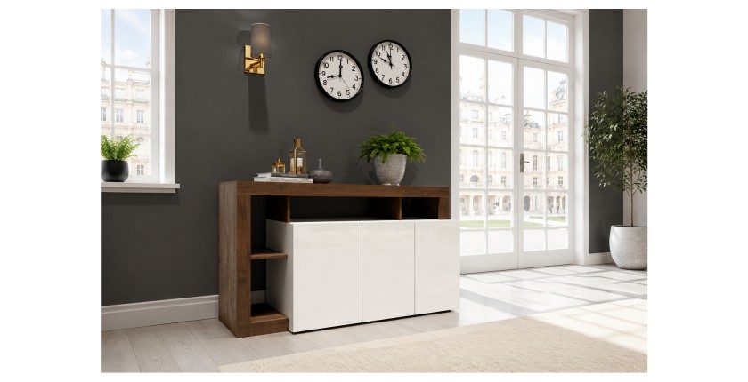 Buffet BURA 3 Türen 146 cm – Hochglanz Weiß und dunkles Holzdekor – Zeitgenössisches Design