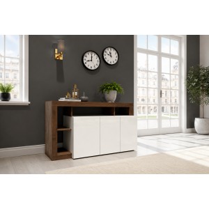 Buffet 3 portes BURA blanc laqué et bois foncé mis en situation