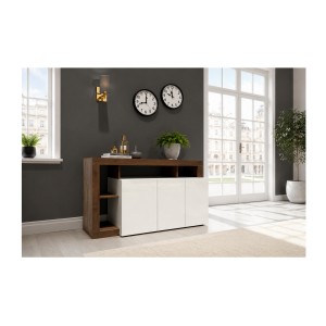 Buffet 3 portes BURA blanc laqué et bois foncé mis en situation