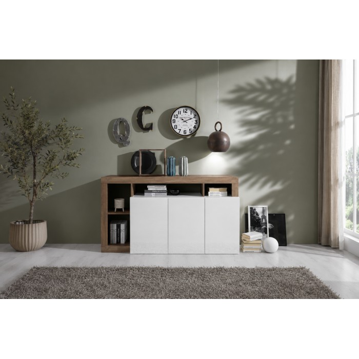 Buffet 3 portes BURA blanc laqué et bois foncé vu de face en situation