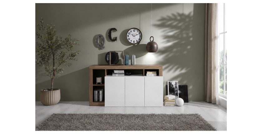 Buffet 3 portes BURA blanc laqué et bois foncé vu de face en situation