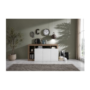 Buffet 3 portes BURA blanc laqué et bois foncé vu de face en situation