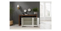 Buffet 3 portes BURA blanc laqué et bois foncé ouvert en situation
