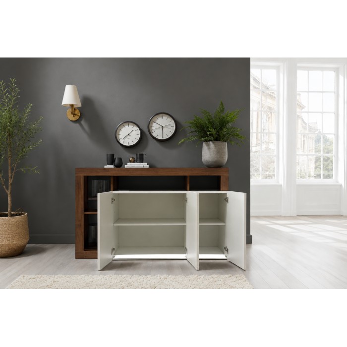 Buffet 3 portes BURA blanc laqué et bois foncé ouvert en situation