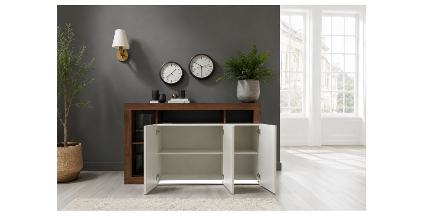 Buffet 3 portes BURA blanc laqué et bois foncé ouvert en situation