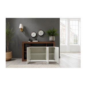 Buffet BURA 3 Türen 146 cm – Hochglanz Weiß und dunkles Holzdekor – Zeitgenössisches Design