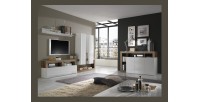 Buffet 3 portes BURA blanc laqué et bois foncé vu avec d'autres éléments de la collection