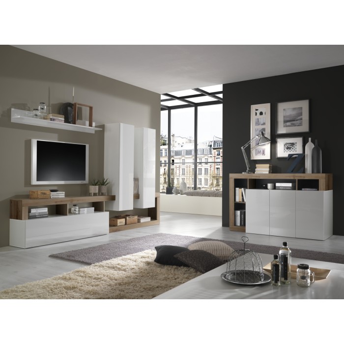 Buffet 3 portes BURA blanc laqué et bois foncé vu avec d'autres éléments de la collection