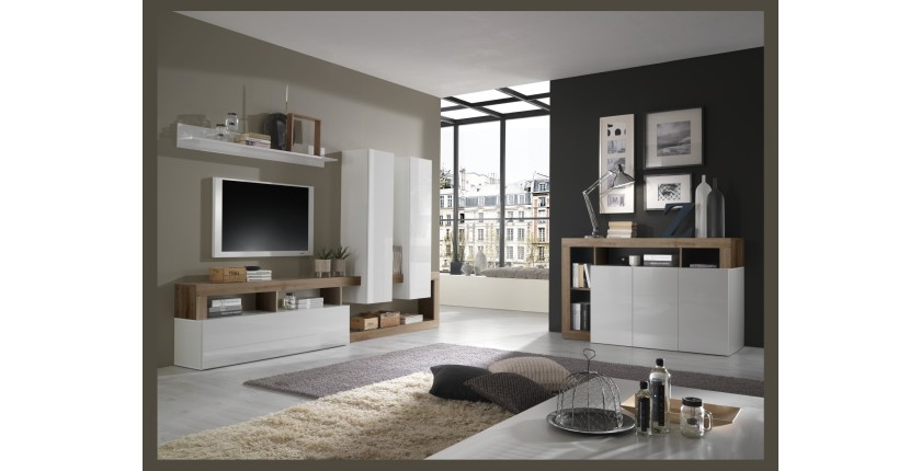 Buffet BURA 3 Türen 146 cm – Hochglanz Weiß und dunkles Holzdekor – Zeitgenössisches Design