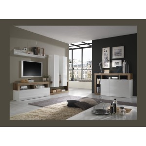 Buffet BURA 3 Türen 146 cm – Hochglanz Weiß und dunkles Holzdekor – Zeitgenössisches Design