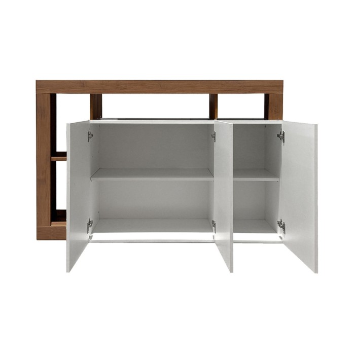 Buffet 3 portes BURA blanc laqué et bois foncé ouvert