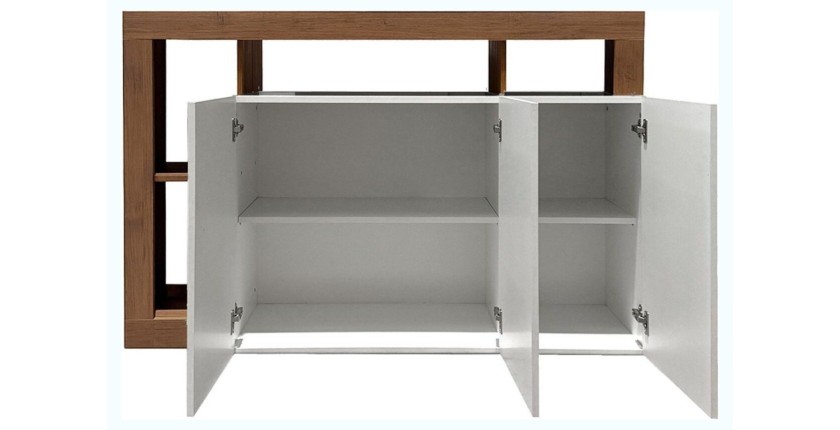 Buffet 3 portes BURA blanc laqué et bois foncé ouvert