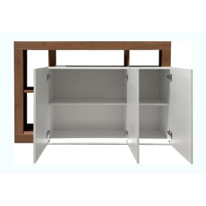 Buffet BURA 3 Türen 146 cm – Hochglanz Weiß und dunkles Holzdekor – Zeitgenössisches Design