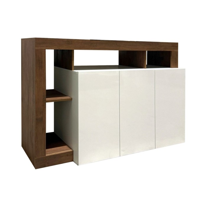 Buffet 3 portes BURA blanc laqué et bois foncé