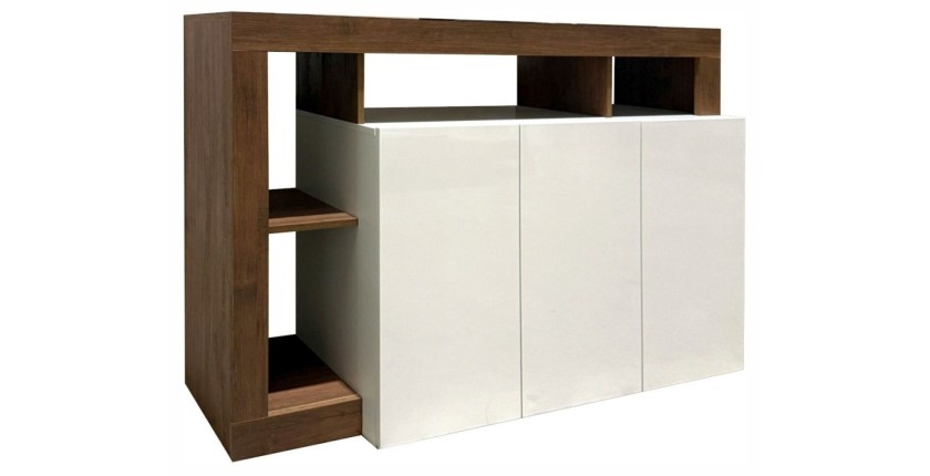 Buffet 3 portes BURA blanc laqué et bois foncé