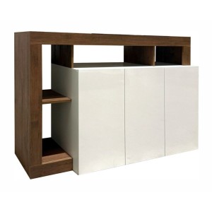 Buffet BURA 3 Türen 146 cm – Hochglanz Weiß und dunkles Holzdekor – Zeitgenössisches Design